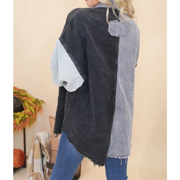 POL Corduroy Colorblock Black Gray Shacket Button Down Oversized Size Large - Picture 11 of 16